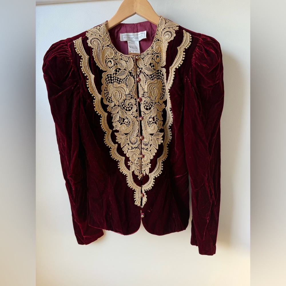 SCOTT MCCLINTOCK Vintage Red Velvet Victorian Lace Blouse Steampunk Cosplay 6